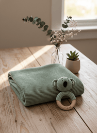 Geschenk zur Geburt – Babydecke in Salbei mit Koala-Rassel