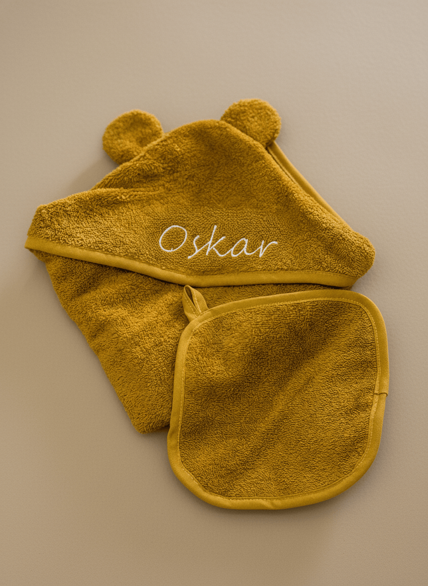 Babyhandtuch 100 %Baumwolle Chai Tea mit Namen Oskar