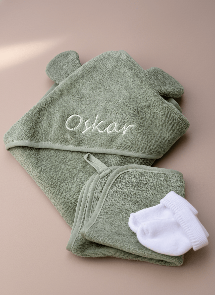 Salbei Kapuzenhandtuch mit Bärenohren & Waschlappen