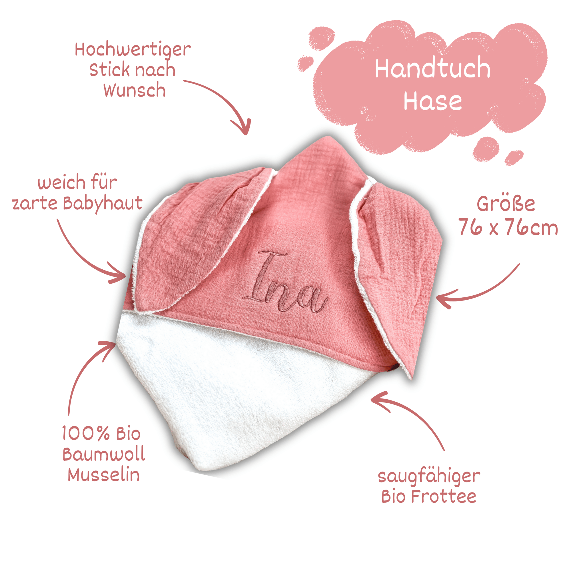 Rosé Kapuzenhandtuch aus 100% Baumwolle - bergkindl