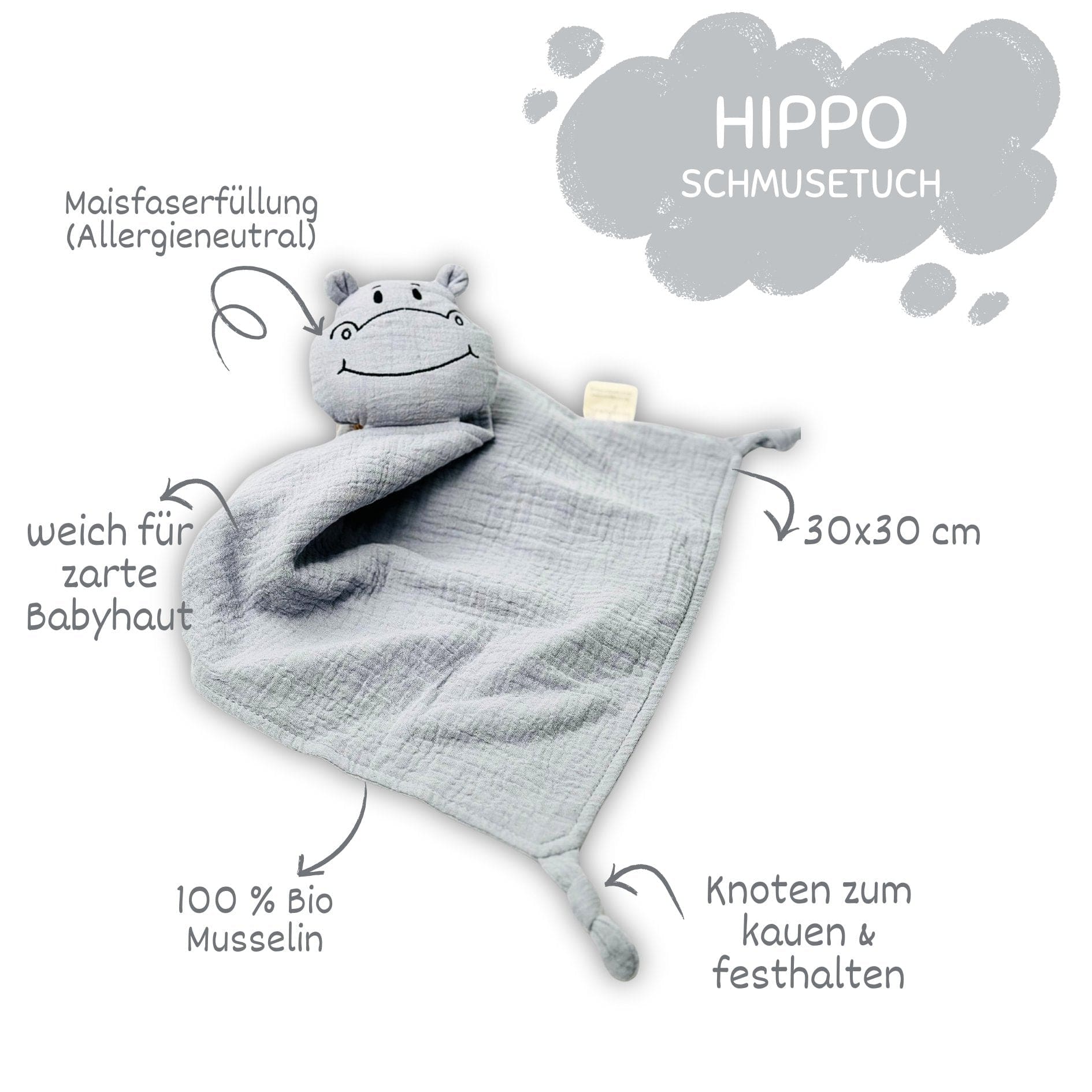Schnuffeltuch - Schmusetuch Hippo grey 