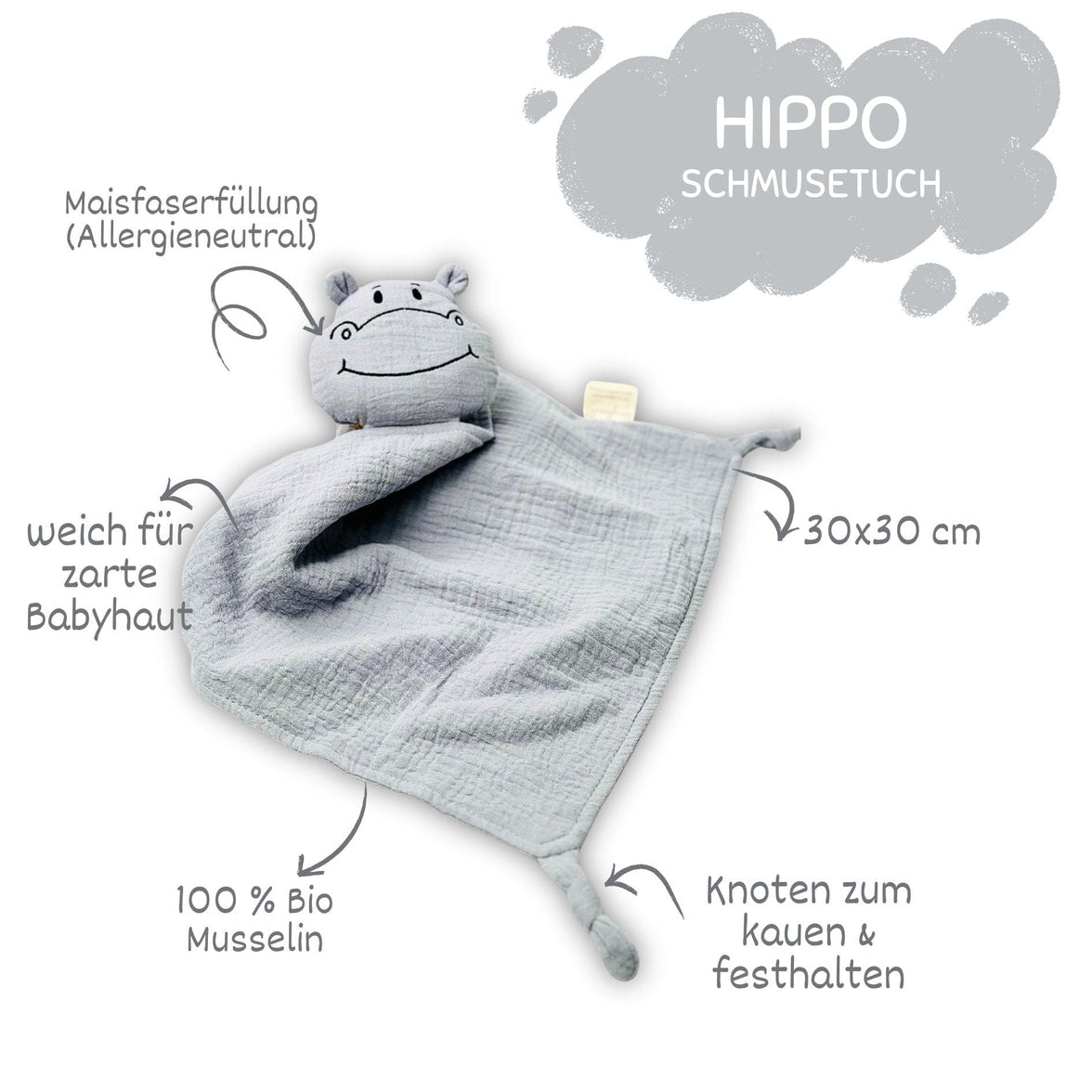 Schnuffeltuch - Schmusetuch Hippo grey 