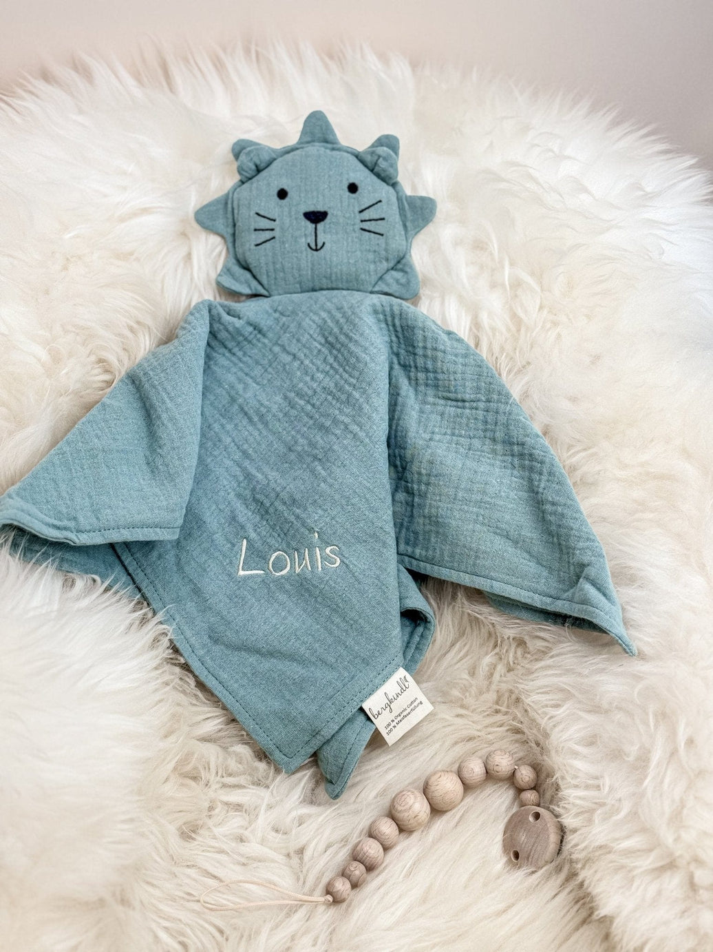 Schnuffeltuch Löwe Mint aus Bio - Musselin - bergkindl