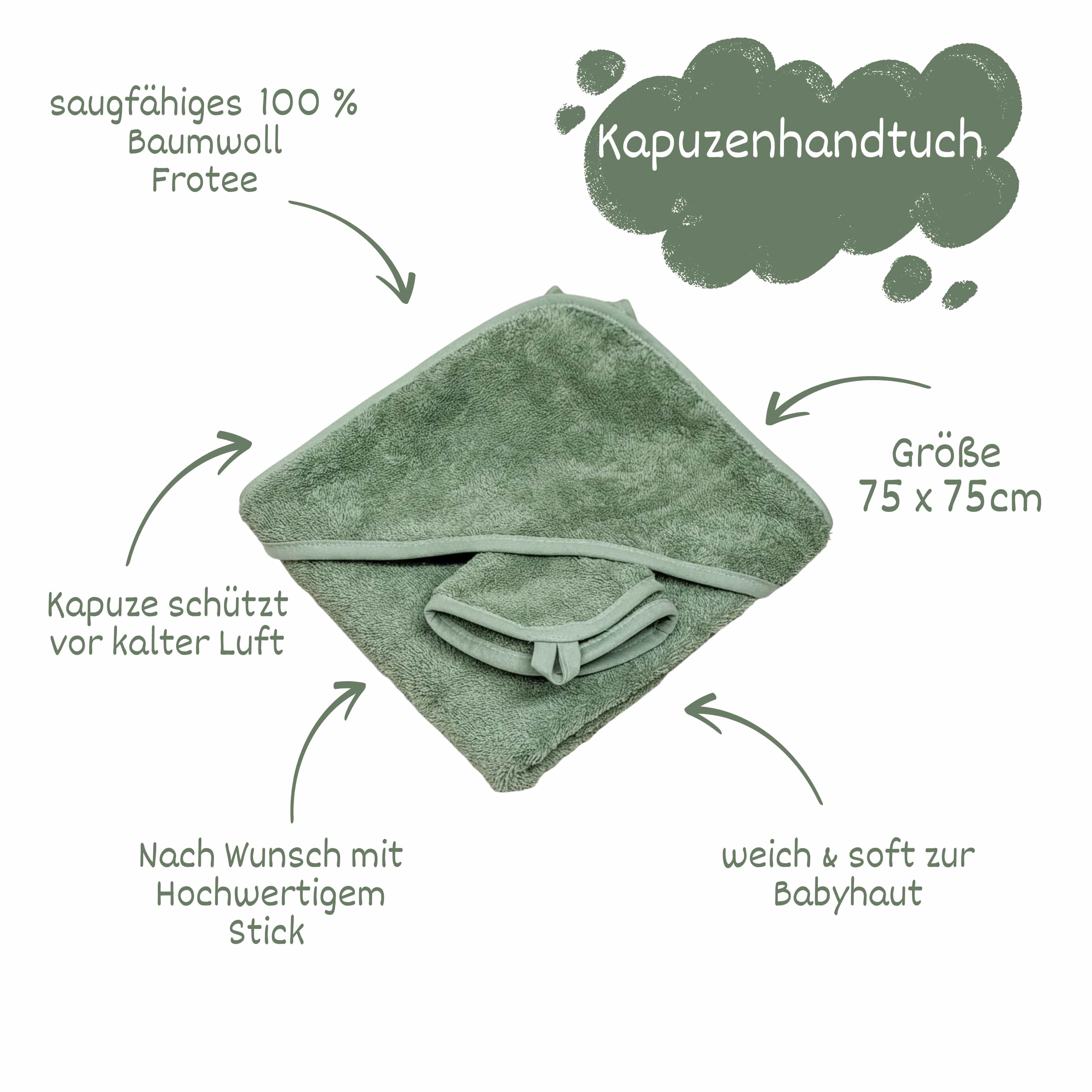 Baby Kapuzenhandtuch Salbei aus 100 % Baumwolle mit Waschlappen Vorteile
