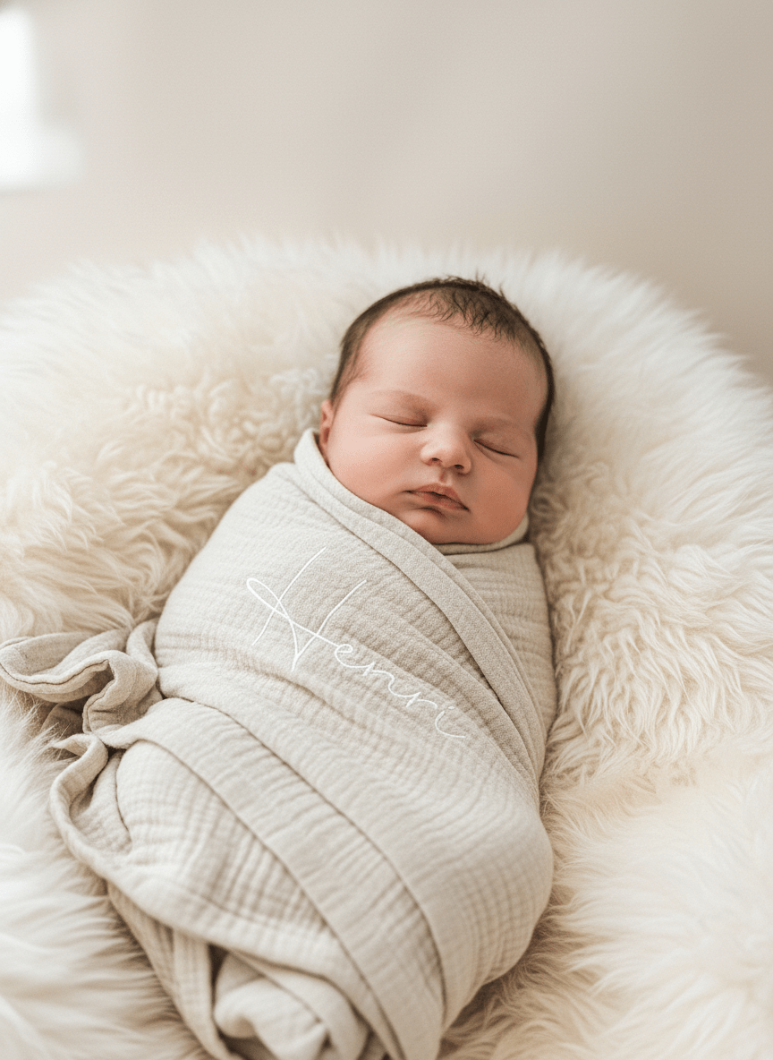 Musselin Babydecke creme aus mit baby gepuckt