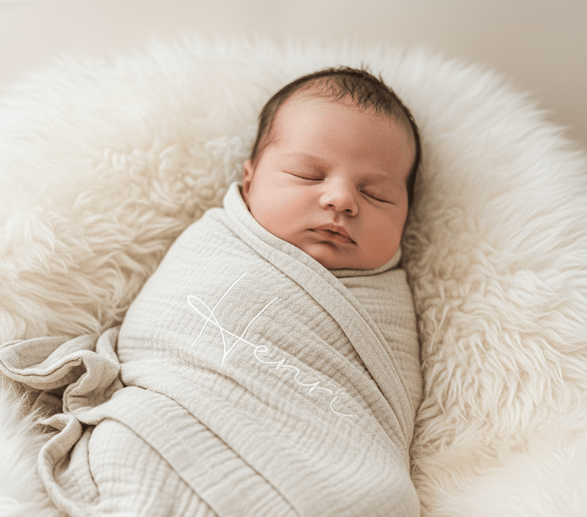Musselin Babydecke creme aus mit baby gepuckt